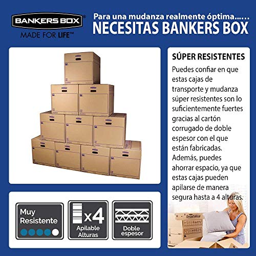 Bankers Box 6208201 Pack 10 Cajas de Cartón con Asas para Mudanzas, Almacenaje y Transporte Ultraresistentes, 45 Litros, Canal Doble Reforzado, 50 x 30 x 30 cm/Talla L