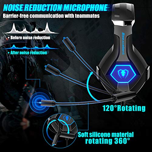 Beexcellent Cascos PS4 con Micrófono Flexible para Xbox One PC Nintendo PS4 Tableta Laptop, Auriculares con Premium Stereo, Orejeras Acolchadas Ligero Cómodo y Diadema Ajustable, Iluminación RGB