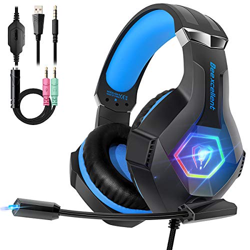 Beexcellent Cascos PS4 con Micrófono Flexible para Xbox One PC Nintendo PS4 Tableta Laptop, Auriculares con Premium Stereo, Orejeras Acolchadas Ligero Cómodo y Diadema Ajustable, Iluminación RGB