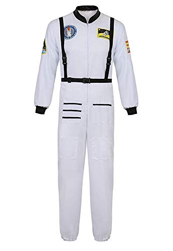 JEK Astronaut Spaceman Disfraz Uniforme para Hombres y Mujeres Space Explorer Mono Traje de Vuelo Adultos Astronauta Juego de rol Cosplay Disfraces, Blanco, Small