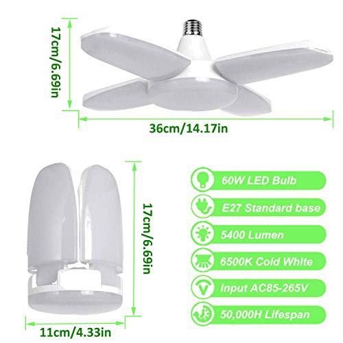 Kimjo Lámpara de Garaje LED, E27 60W 5400LM, Luz de Garaje Deformable con 4 Paneles Ajustables, Luz de Techo, para Garaje, Almacén, Taller, Sótano, Gimnasio