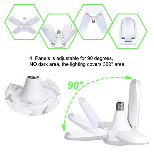 Kimjo Lámpara de Garaje LED, E27 60W 5400LM, Luz de Garaje Deformable con 4 Paneles Ajustables, Luz de Techo, para Garaje, Almacén, Taller, Sótano, Gimnasio