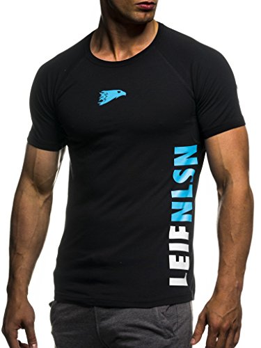 Leif Nelson Camiseta para Hombre con Cuello Redondo de Gimnasia Ropa de Deporte LN-06279 Azul Negro Medium