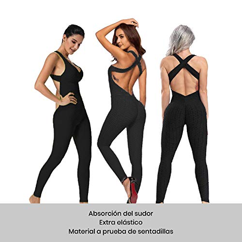 Mimoka Monos Pantalones Deportivos Mujer Elástico y Transpirable | Leggins Mujer Fitness Push up con Tirantes para Yoga GYM Running (L, Negro)