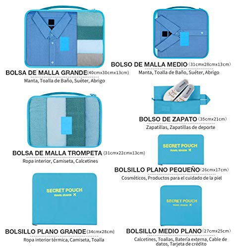 Newdora 7 en 1 Set de Organizador de Equipaje Viaje con Bolsa de Zapato,Impermeable Organizador de Maleta Bolsa para Ropa Sucia de Viaje, Portatrajes de Viaje, Material Nylon, Azul