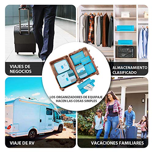 Newdora 7 en 1 Set de Organizador de Equipaje Viaje con Bolsa de Zapato,Impermeable Organizador de Maleta Bolsa para Ropa Sucia de Viaje, Portatrajes de Viaje, Material Nylon, Azul