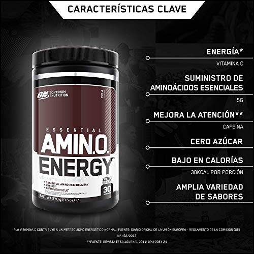 Optimum Nutrition ON Amino Energy Pre Workout Powder Keto Friendly con Beta Alanina, Cafeína, Vitamina C, Aminoacidos Micronizados Incluyendo BCAA, Cola, 30 Porciones, 270 gr